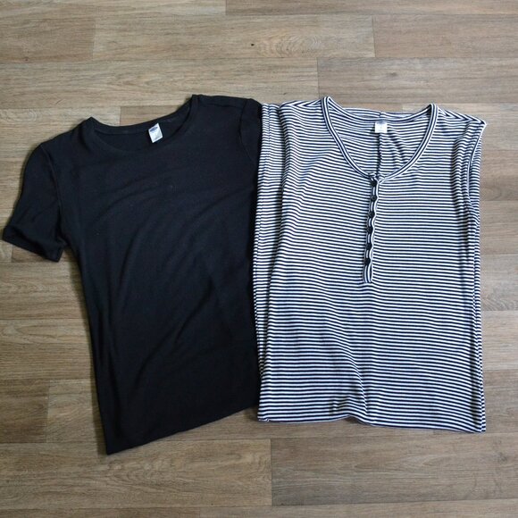 Old Navy Set of 2 Black Ribbed Dress and Black White Striped Ribbed Dress Sz Sm - Picture 2 of 9